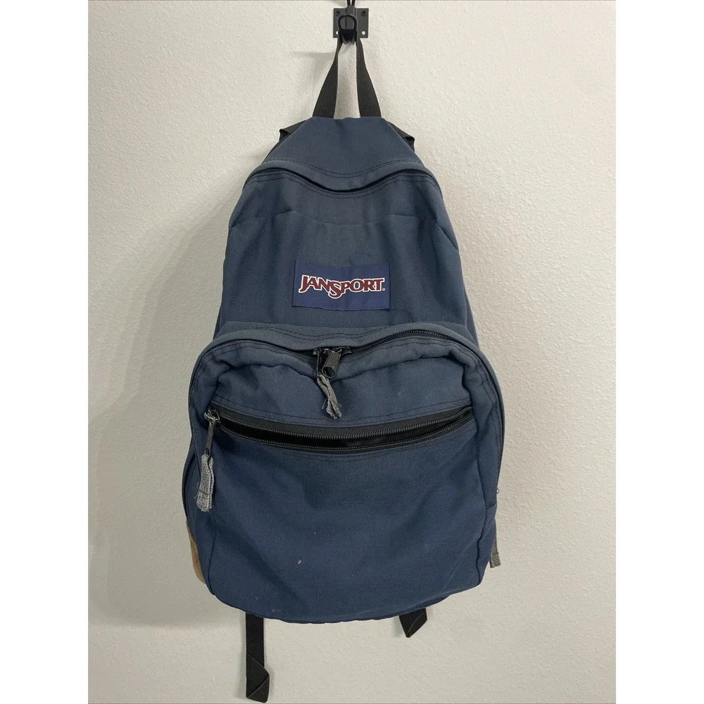 Jansport Classic Originals Suede‎ Leather Bottom School Backpack Blue Canvas